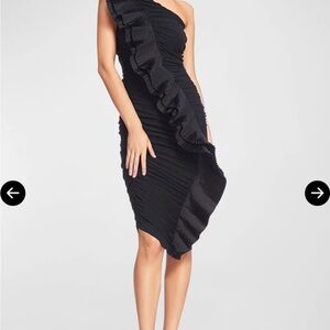 One33 Social Shirred One-Shoulder Ruffle Midi Black Dress